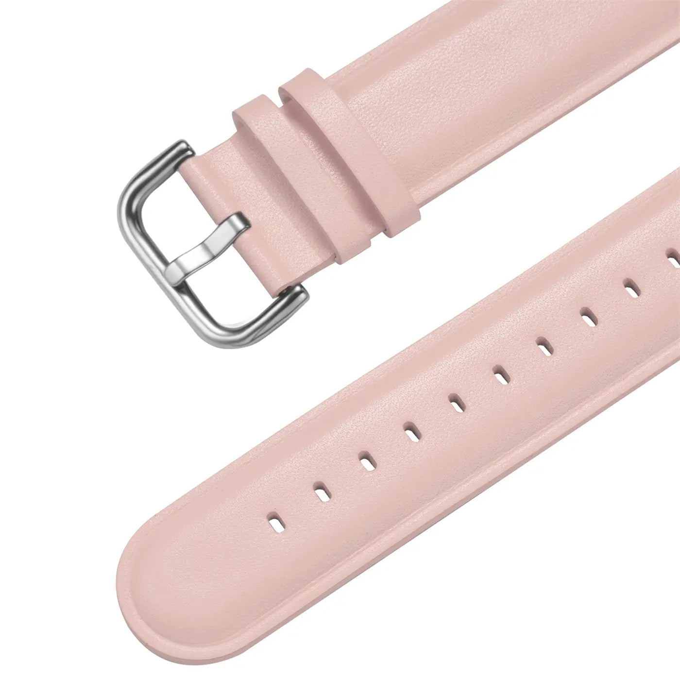Rosa Lederarmband für Apple Watch, Nahaufnahme, Schnalle und Lochung sichtbar.
