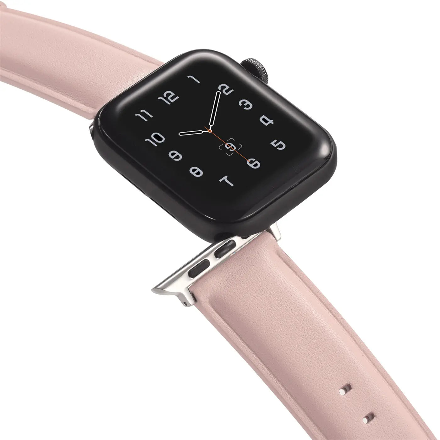 Rosa Lederarmband für Apple Watch, Nahaufnahme, von oben schräg fotografiert