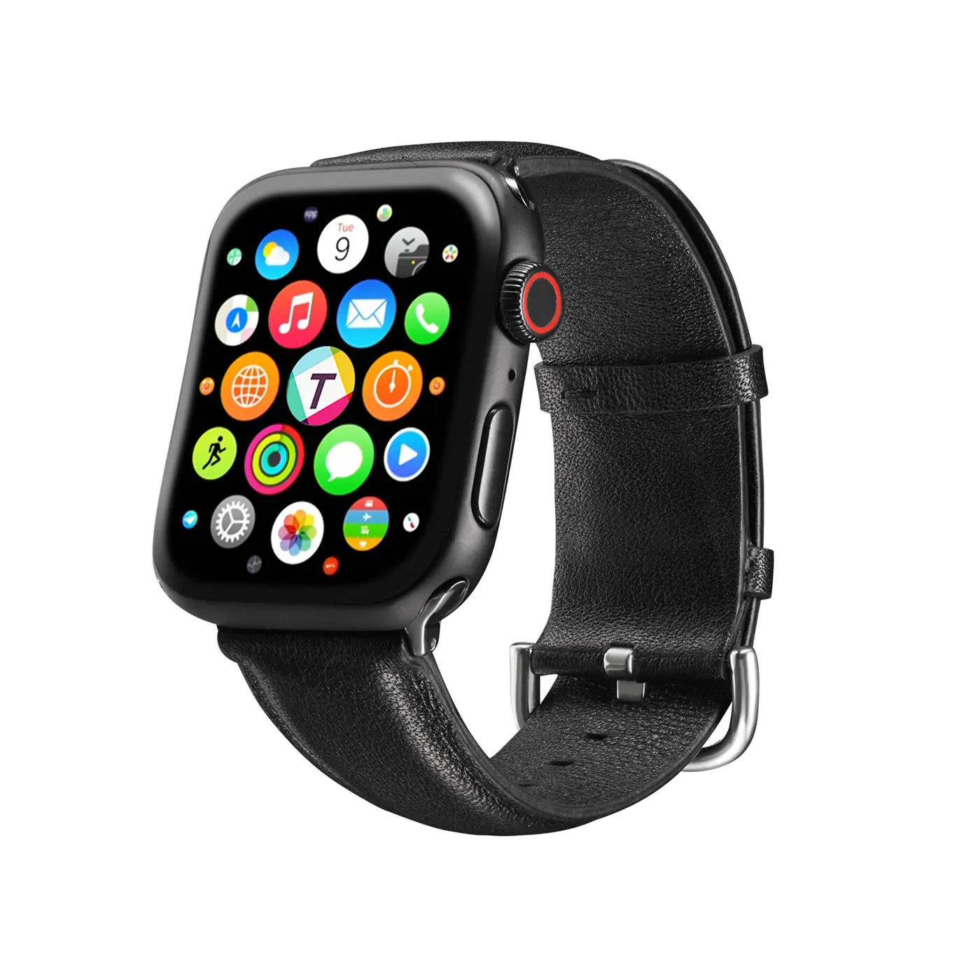 Schwarzes Lederarmband an Apple Watch, von vorne links betrachtet.