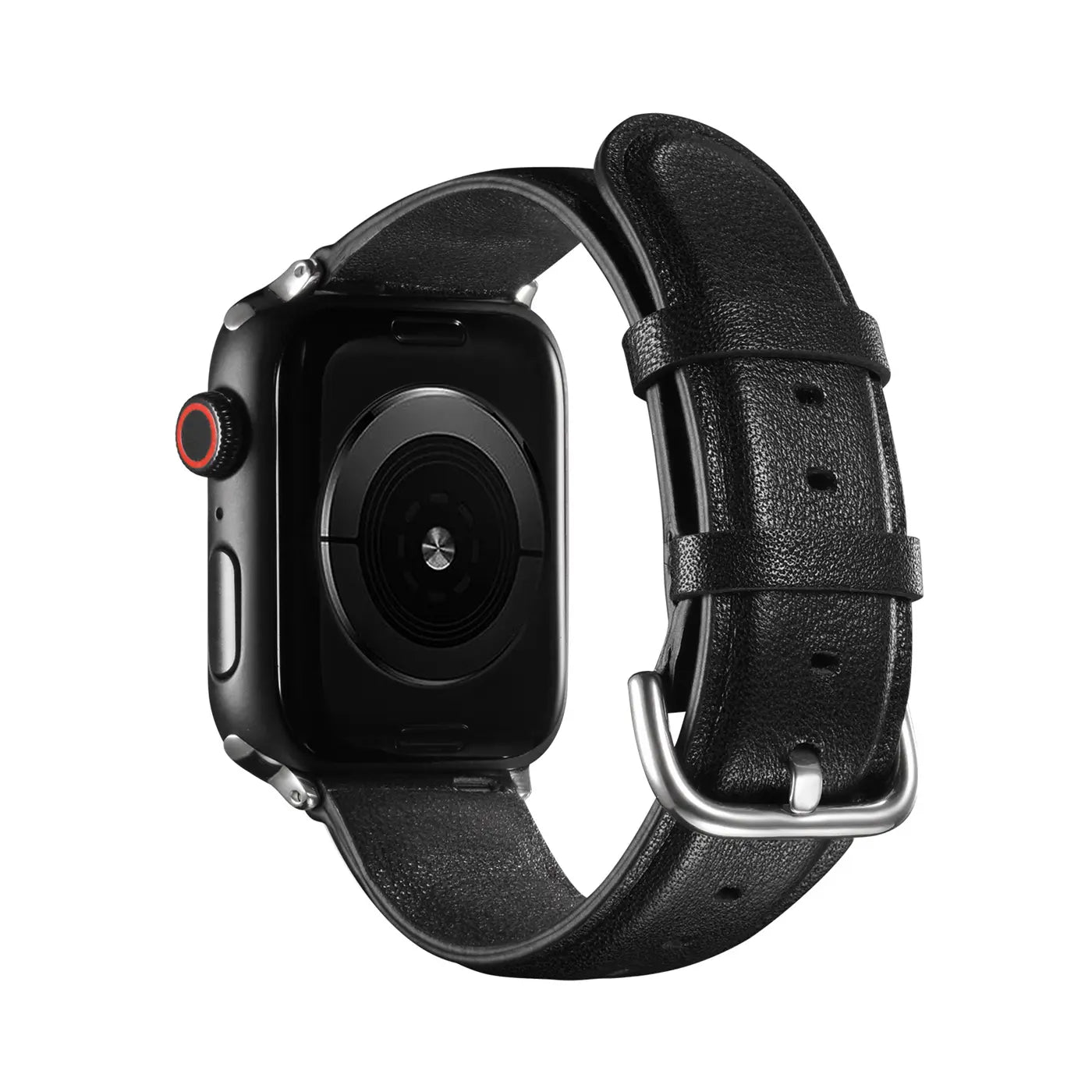 Schwarzes Lederarmband mit silberner Schnalle an einer schwarzen Apple Watch, Rückansicht.
