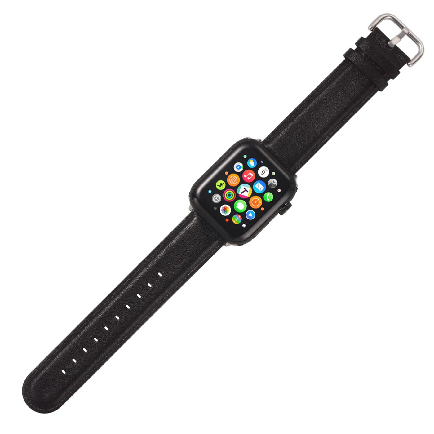 Schwarzes Lederarmband mit Apple Watch, von oben schräg fotografiert.