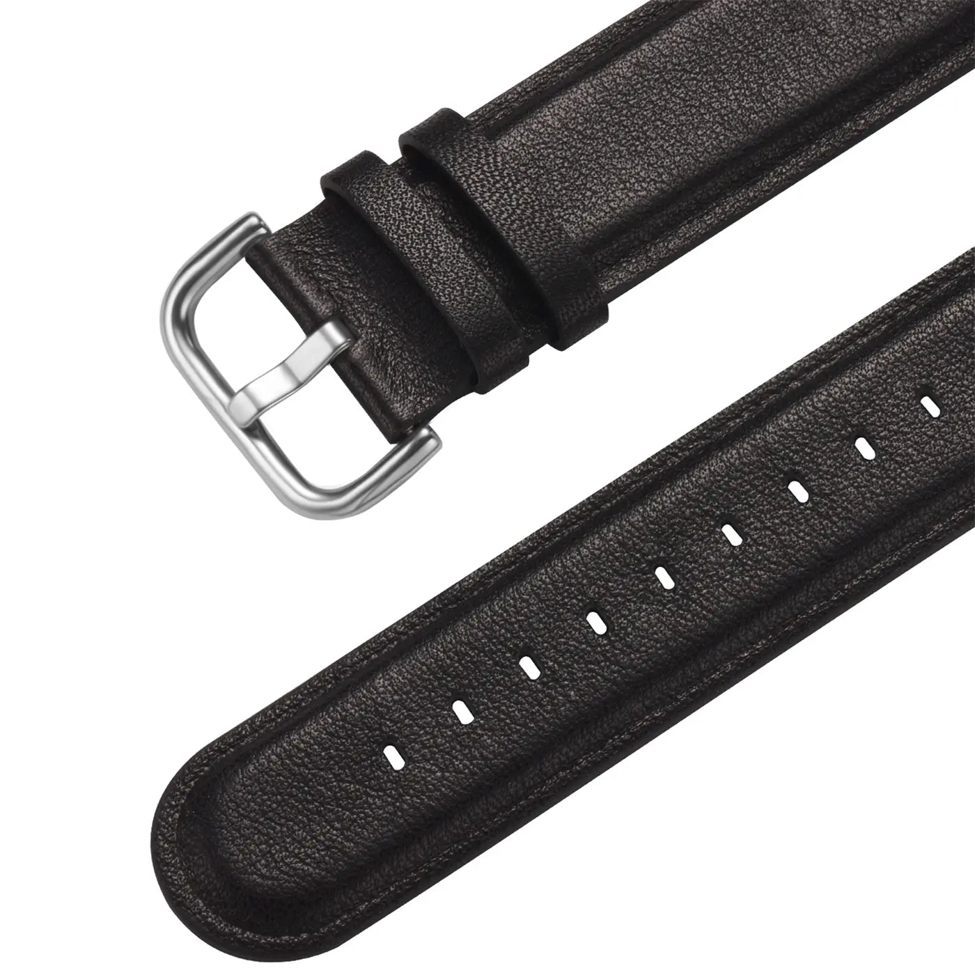 Schwarzes Lederarmband mit Metallschnalle, Nahaufnahme, für Apple Watch.