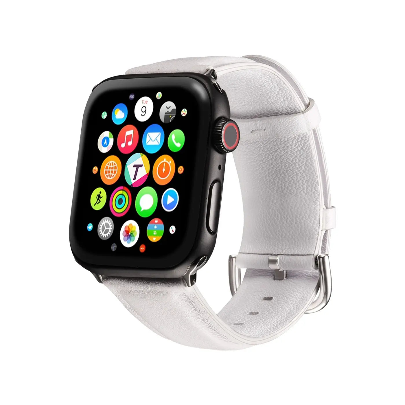 Schwarze Apple Watch mit weißem Lederarmband, von vorne leicht schräg fotografiert.
