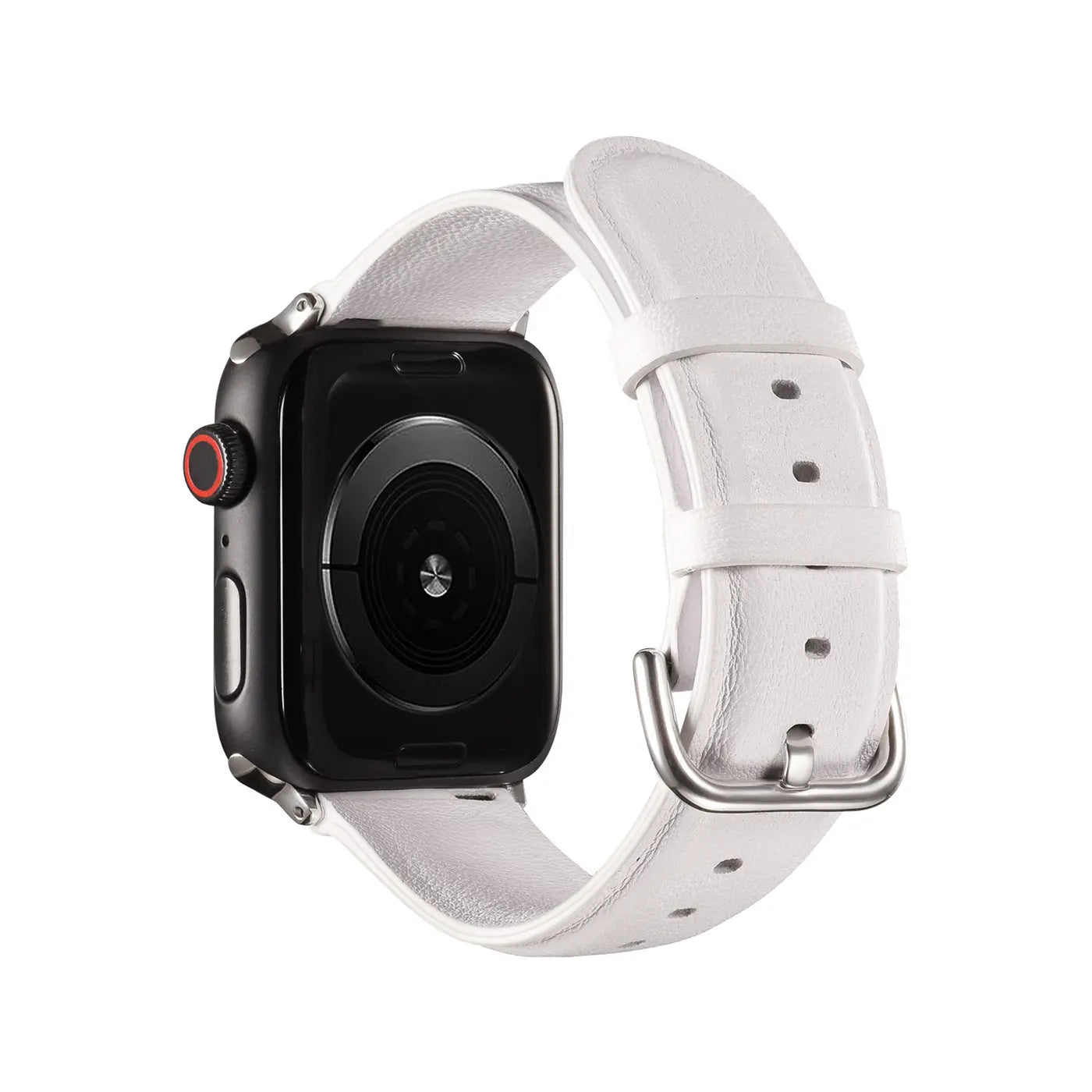 Weißes Lederarmband an schwarzer Apple Watch, Rückseite sichtbar, von schräg oben