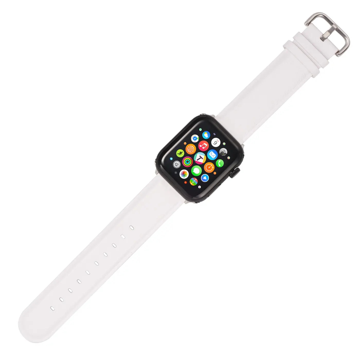 Weißes Lederarmband mit schwarzem Apple Watch Gehäuse, von oben schräg fotografiert.