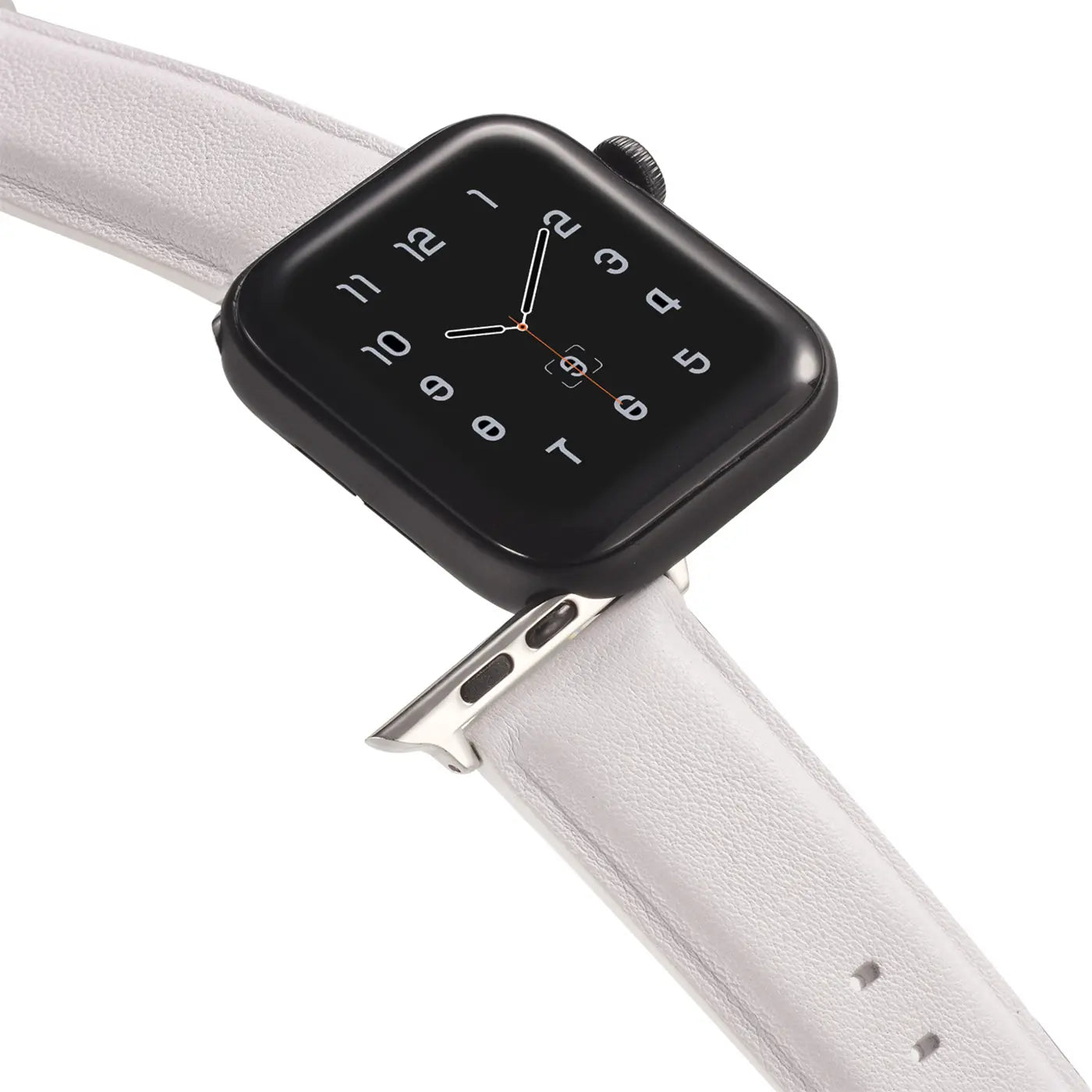 Graues Lederarmband an schwarzer Apple Watch, von schräg oben fotografiert.