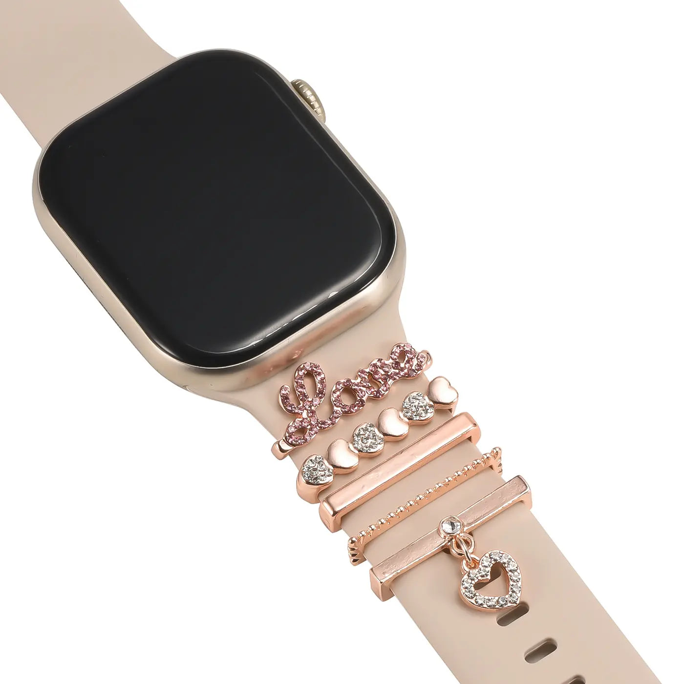 Roségoldene Smartwatch-Armband-Charms mit "Love"-Schriftzug, Herzen und Ringen.