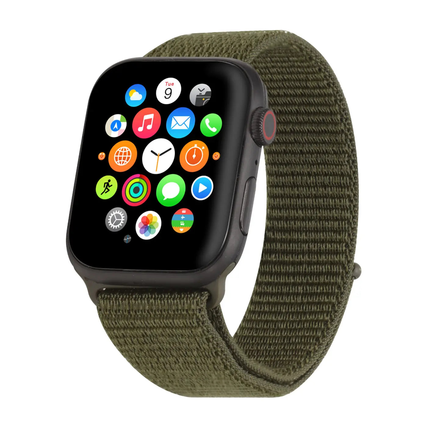 Apple Watch mit dunkelgrünem Nylon-Fitnessarmband, schräg von vorne auf weißem Hintergrund.