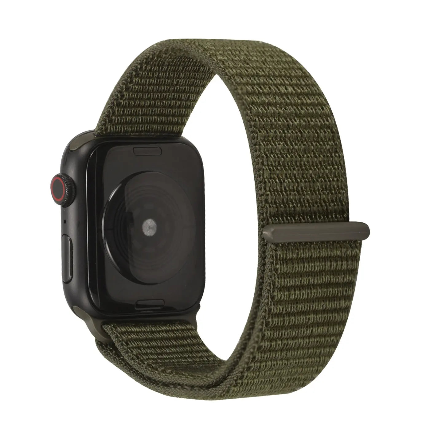 Rückansicht einer schwarzen Apple Watch mit einem olivgrünen Nylon-Fitnessarmband auf weißem Hintergrund.