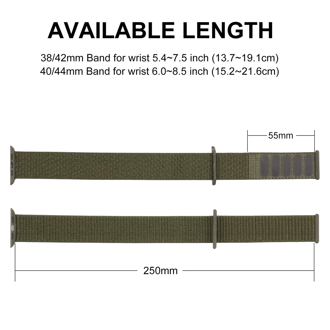 Zwei grüne Nylon-Fitnessarmbänder für Apple Watch, Draufsicht, mit Längenangaben in mm und Zoll.