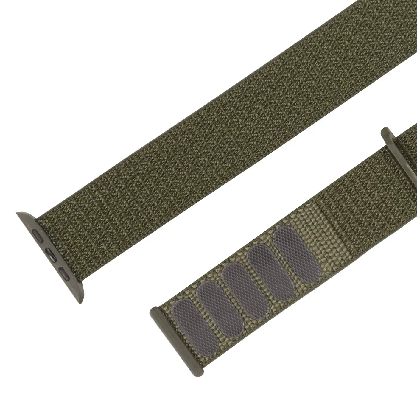 Grünes Nylon-Fitnessarmband für Apple Watch, schräg von oben, mit Klettverschluss und Adapter.