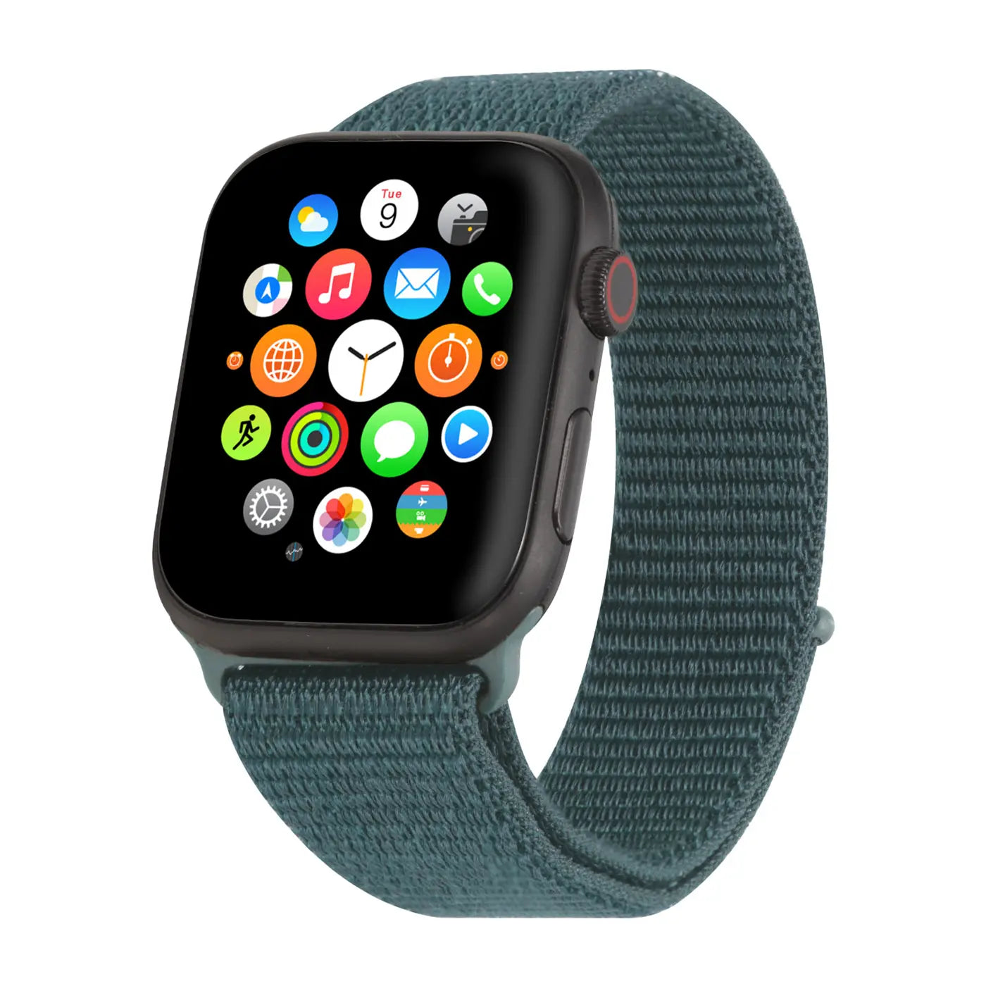 Dunkelgrünes Nylon-Fitnessarmband an einer schwarzen Apple Watch, schräg von vorne auf weißem Hintergrund.