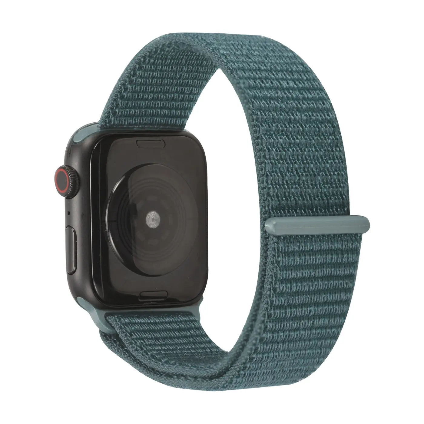 Dunkelgrünes Nylon-Fitnessarmband an einer schwarzen Apple Watch, Rückseite sichtbar, leicht schräg von hinten.