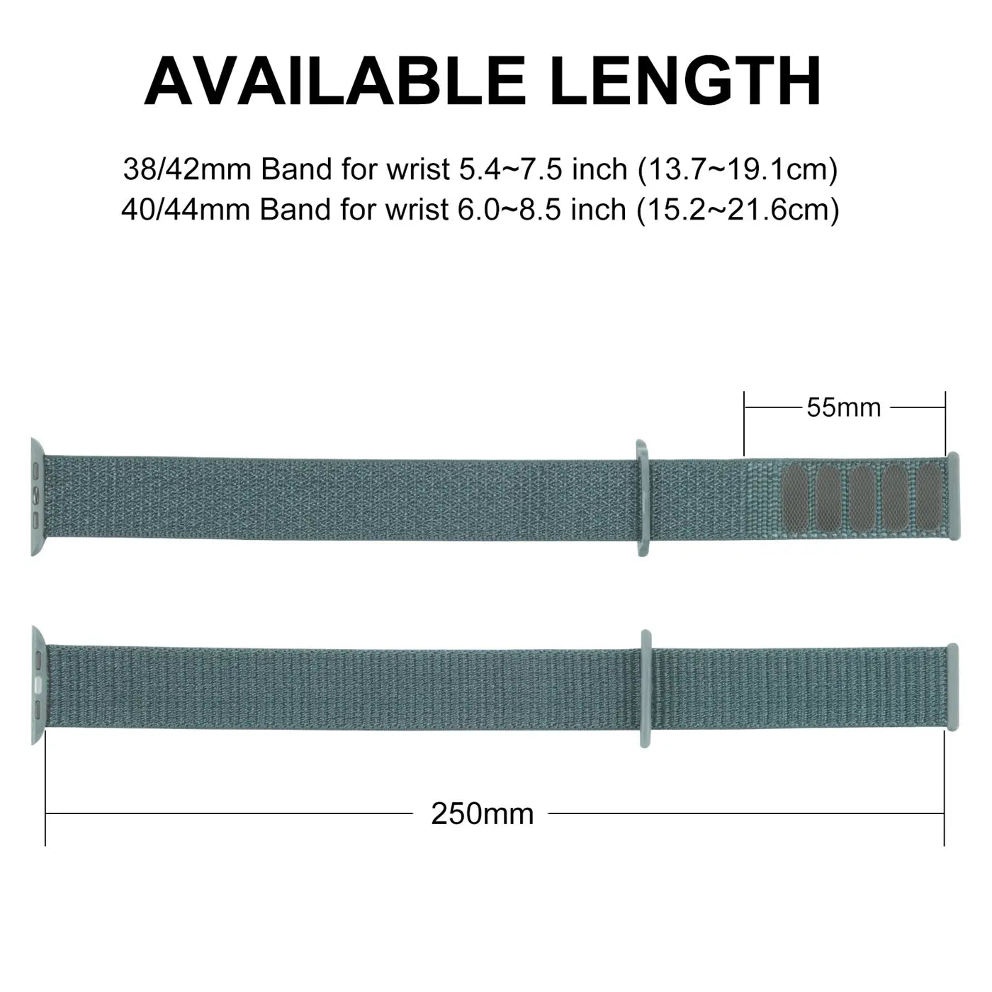 Zwei Ansichten eines grünen Nylon-Fitnessarmbands für Apple Watch, mit Längenangaben und Maßen.