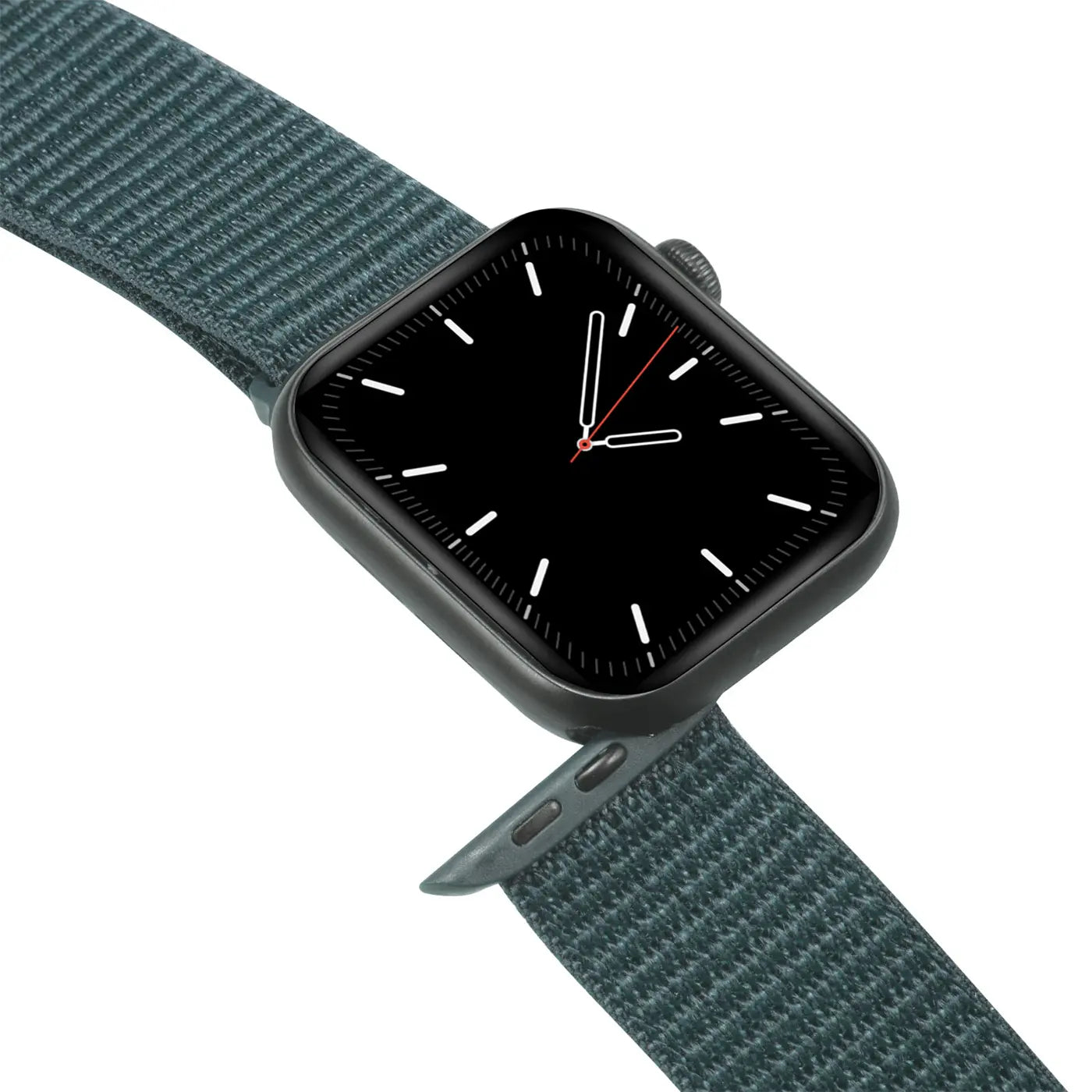 Dunkelgraue Apple Watch mit schwarzem Display und dunkelgrünem Nylon-Armband, schräg von oben fotografiert.