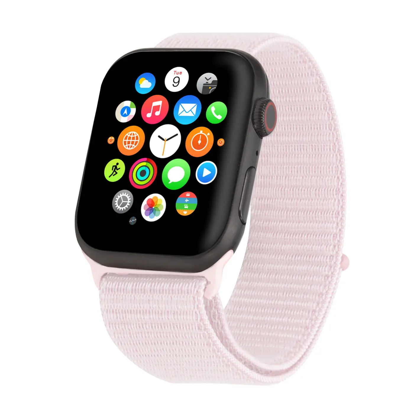 Apple Watch mit schwarzem Gehäuse und rosa Nylon-Armband, leicht schräg von vorne rechts auf weißem Hintergrund.