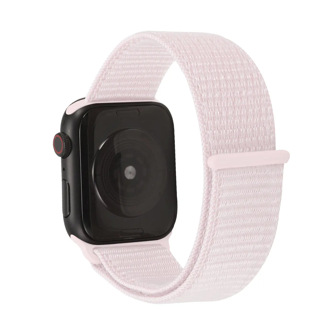 Apple Watch mit hellrosa Nylon-Fitnessarmband, Rückseite der Uhr und Armband von schräg oben sichtbar.
