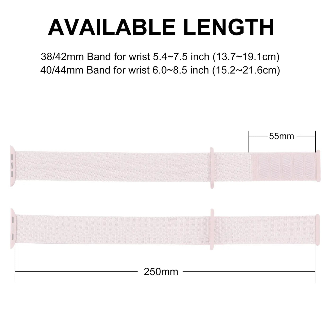Zwei weiße Nylon-Fitnessarmbänder für Apple Watch, Draufsicht, mit Längenangaben 250mm und 55mm.