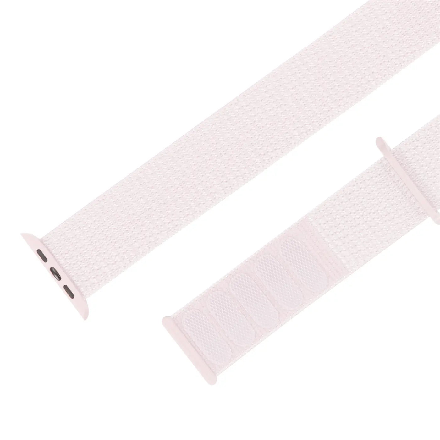 Weißes Nylon-Fitnessarmband für Apple Watch, schräg von oben, mit Klettverschluss und Adapterenden.