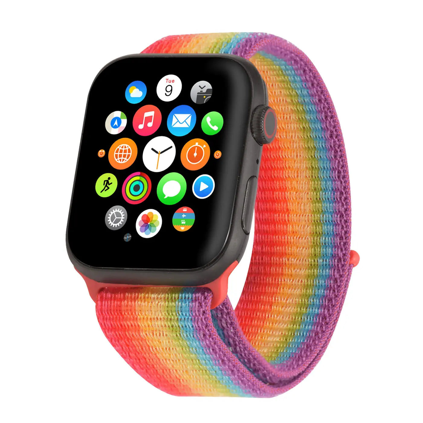 Apple Watch mit schwarzem Gehäuse und bunten Apps, an einem Regenbogen-Nylonarmband, von vorne.