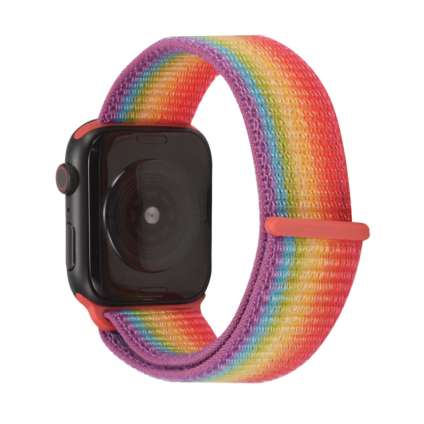 Apple Watch mit Regenbogen-Nylon-Fitnessarmband, Rückseite der Uhr und Armband von oben rechts gesehen.