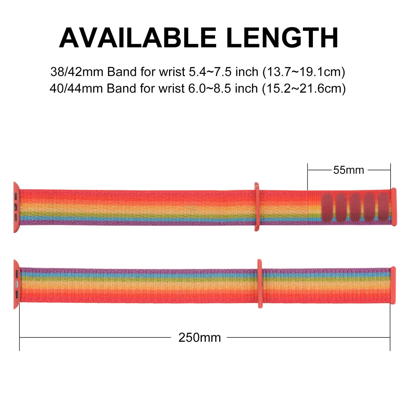 Zwei bunte (Regenbogenfarben) Nylon-Fitnessarmbänder für Apple Watch, Draufsicht, mit Längenangaben.
