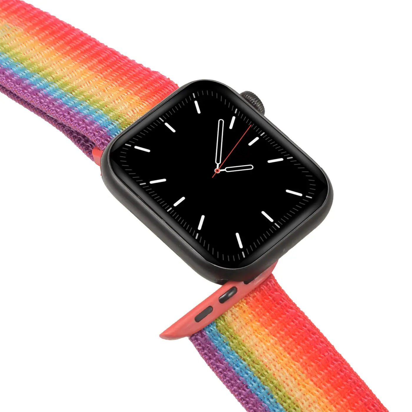Apple Watch mit schwarzem Gehäuse und Regenbogen-Nylonarmband, von oben links nach unten rechts.