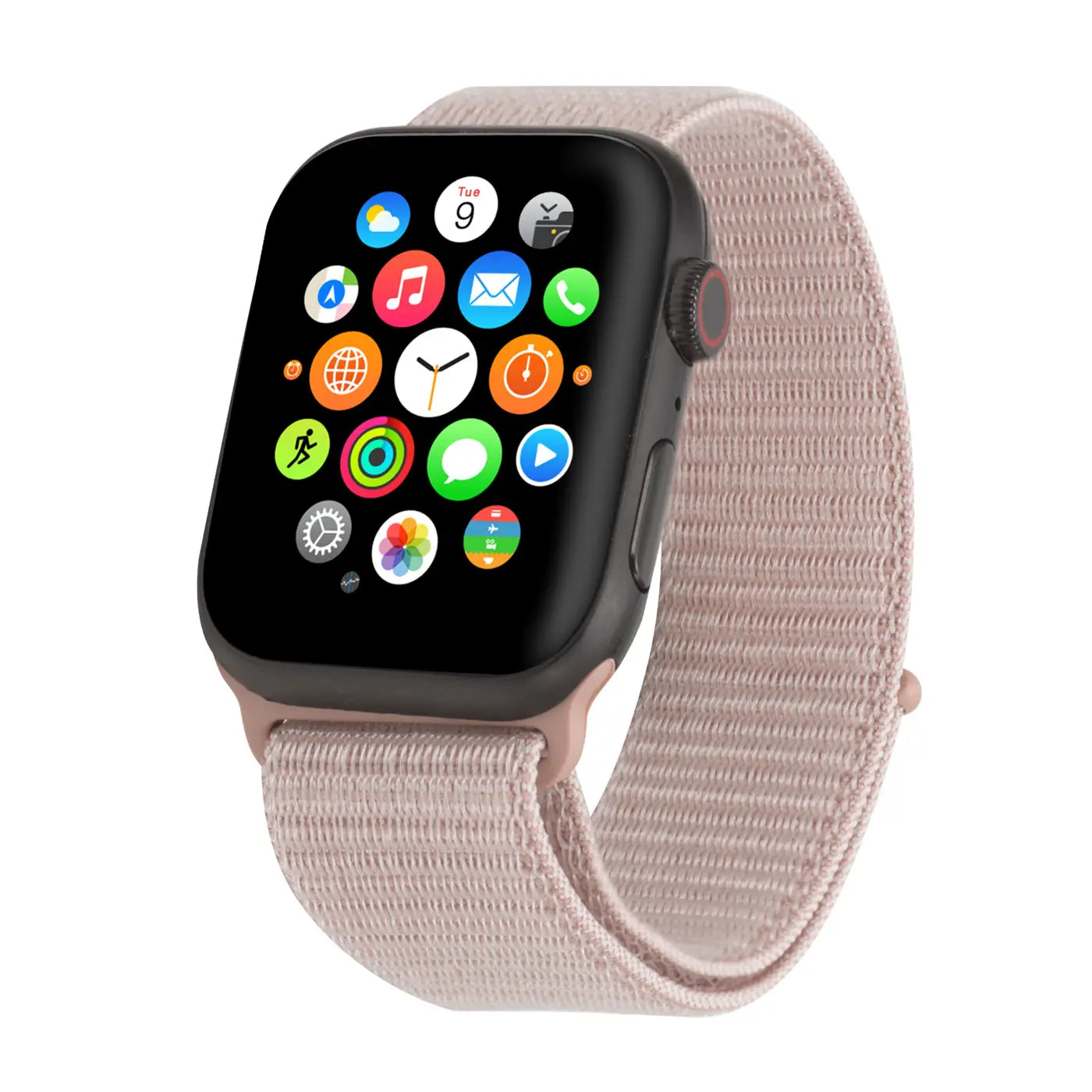 Apple Watch mit schwarzem Gehäuse und beigem Nylon-Fitnessarmband, schräg von vorne auf weißem Hintergrund.