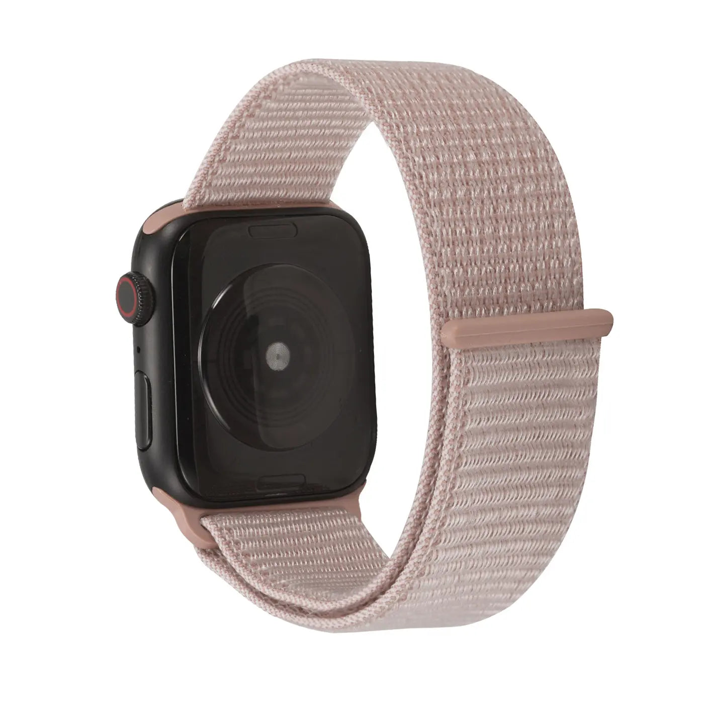 Apple Watch mit rosafarbenem Nylon-Fitnessarmband, Rückseite der Uhr und Armband von schräg oben sichtbar.