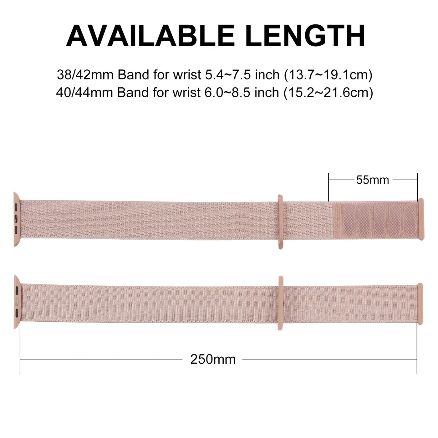 Zwei Apple Watch Nylon-Armbänder in Beige, von oben, mit Längenangaben (250mm, 55mm) und Text "AVAILABLE LENGTH".