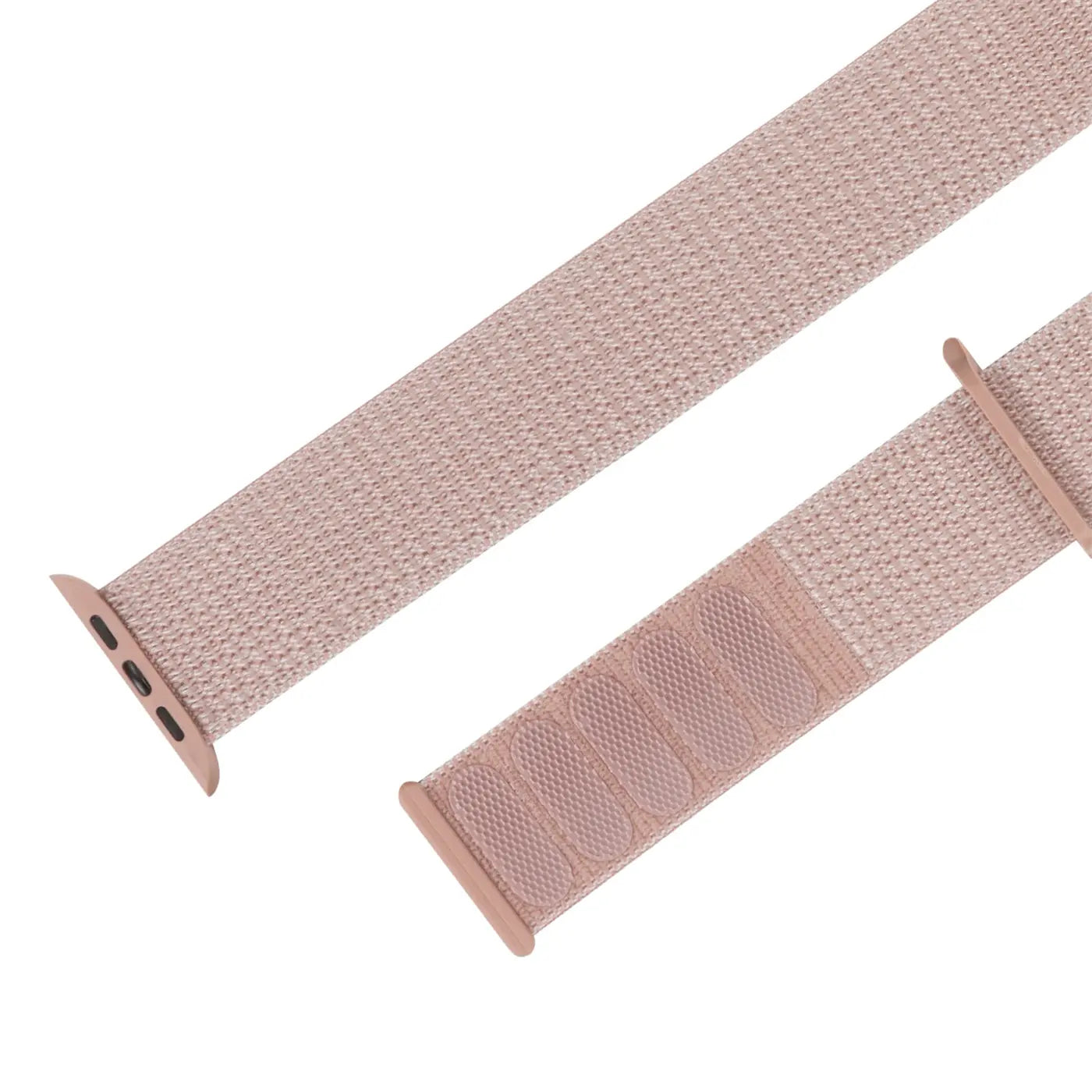 Beiges Nylon-Fitnessarmband für Apple Watch, schräg von oben, mit Klettverschluss und Adapter für die Uhr.