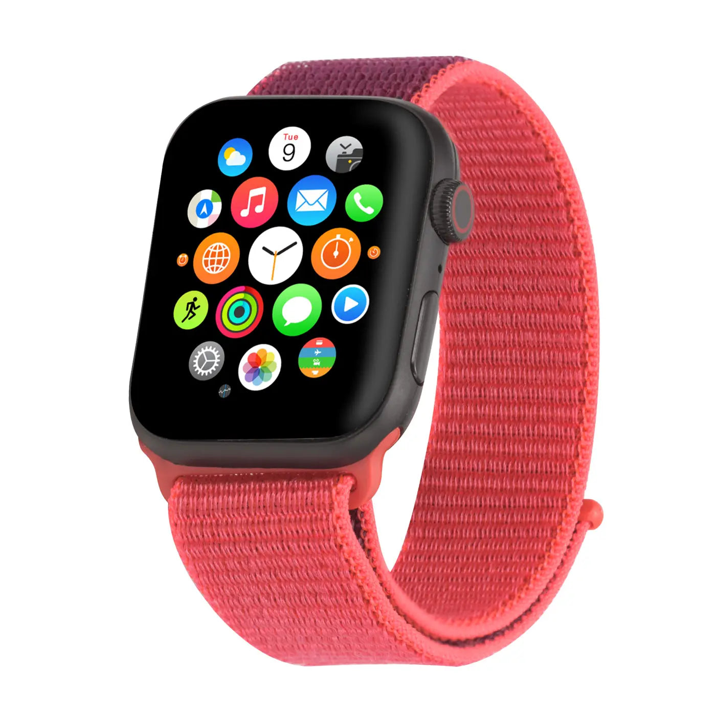 Apple Watch mit schwarzem Gehäuse und leuchtend rotem Nylon-Fitnessarmband, leicht von oben rechts fotografiert.
