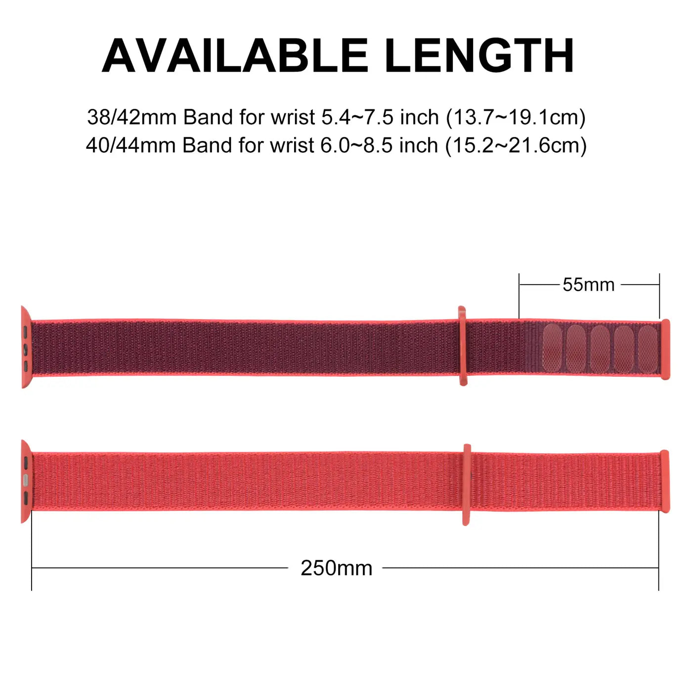 Zwei rote Nylon-Fitnessarmbänder für Apple Watch, Draufsicht. Oben: Dunkelrot mit Klettverschluss. Unten: Hellrot, 250mm.