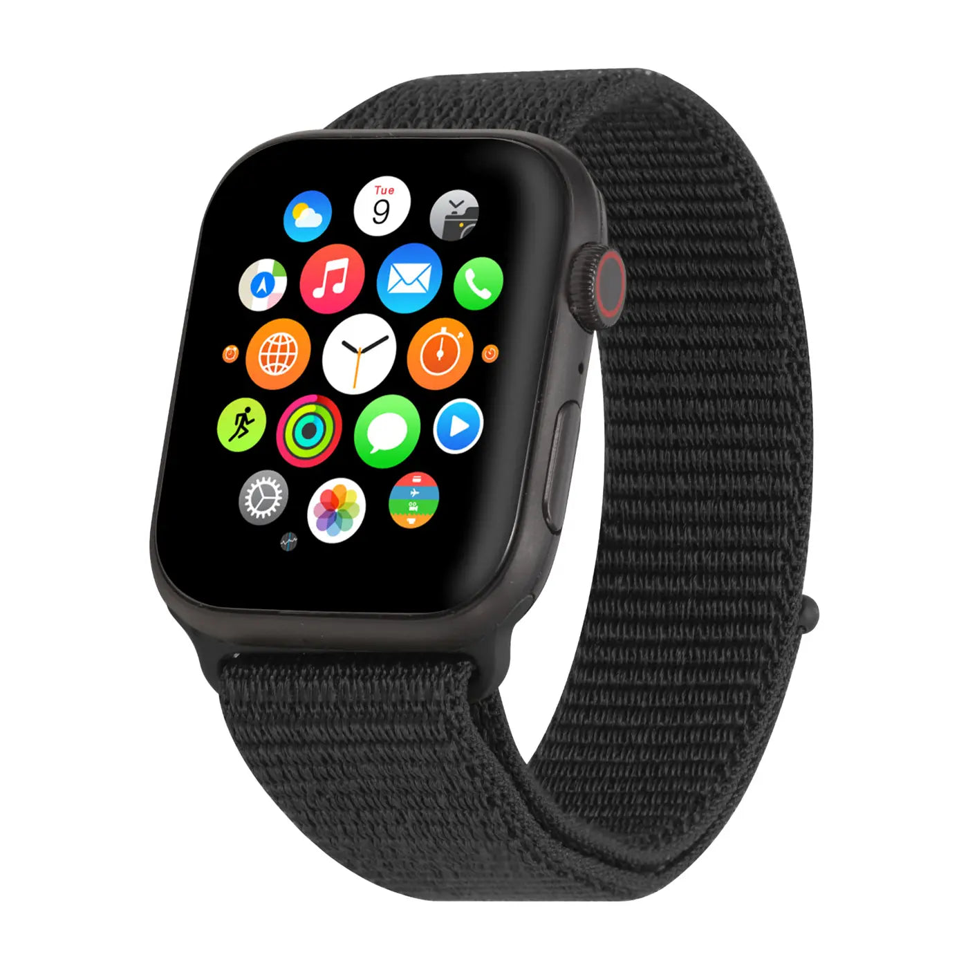 Schwarzes Nylon-Fitnessarmband an einer schwarzen Apple Watch, schräg von vorne, auf weißem Hintergrund.