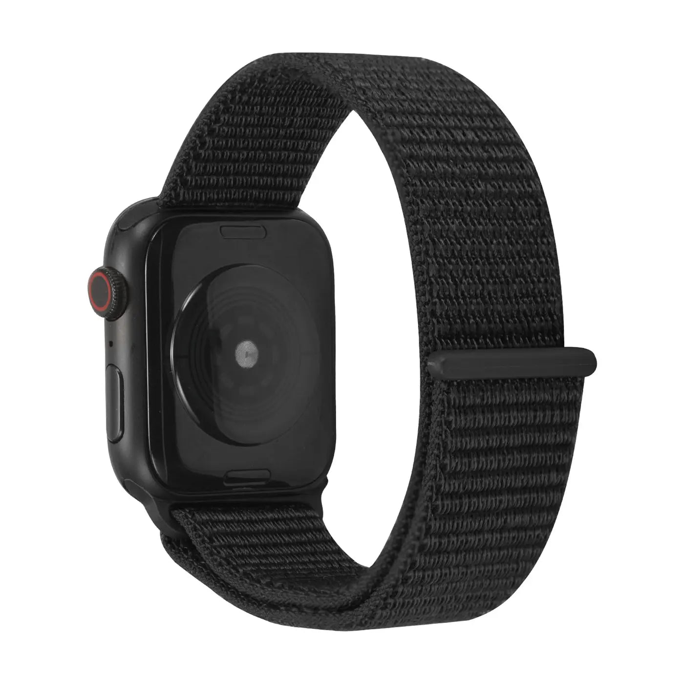 Schwarzes Nylon-Fitnessarmband an einer schwarzen Apple Watch, Rückseite und Seitenansicht, auf weißem Hintergrund.