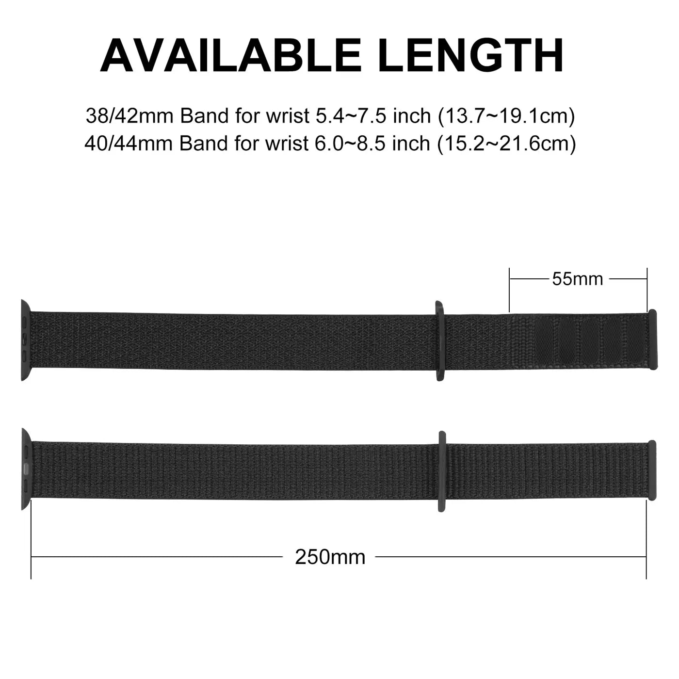 Zwei schwarze Nylon-Fitnessarmbänder für Apple Watch, von oben, mit Längenangaben 250mm und 55mm.