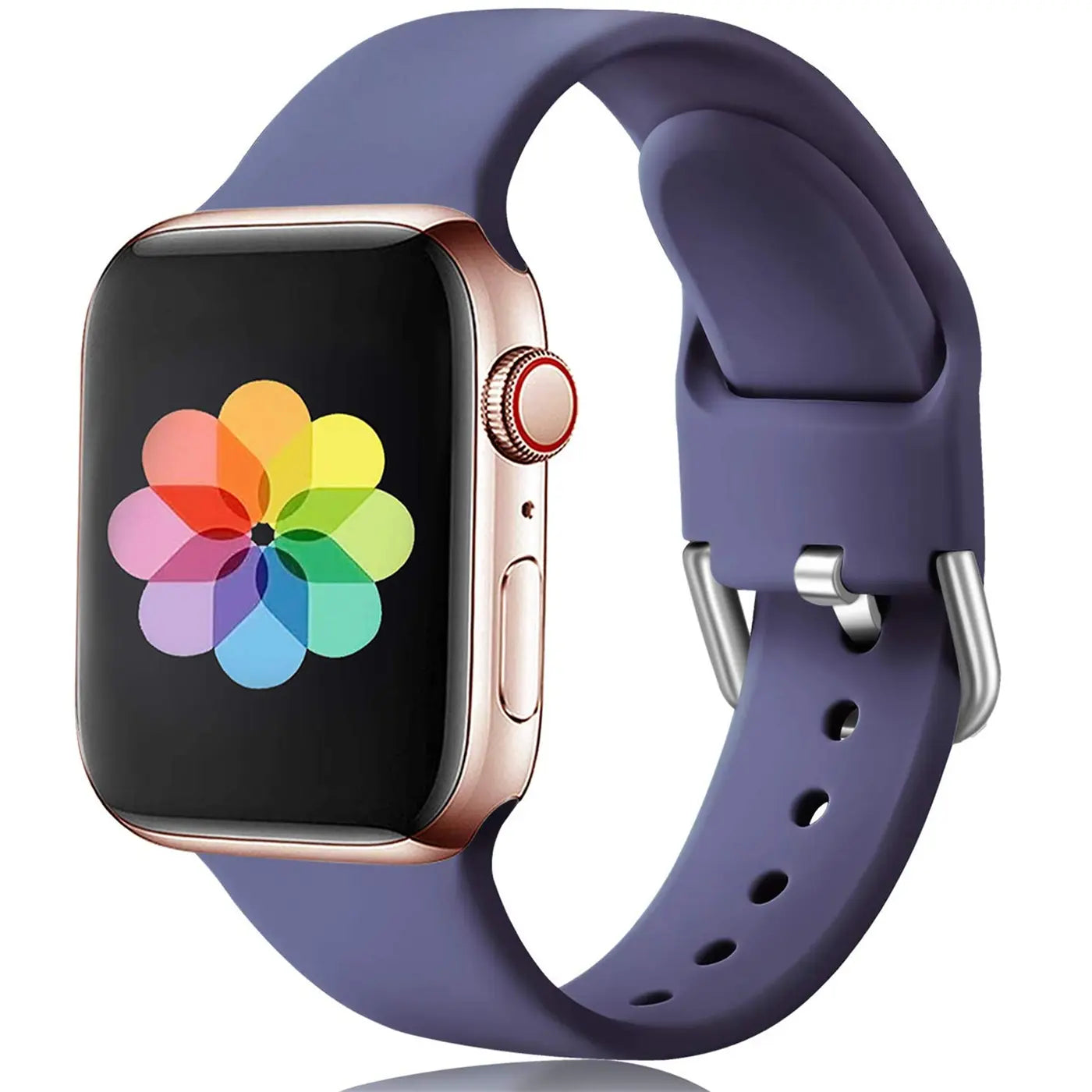 Apple Watch mit roségoldenem Gehäuse und dunkelblauem TPU-Armband, leicht schräg von oben rechts fotografiert.