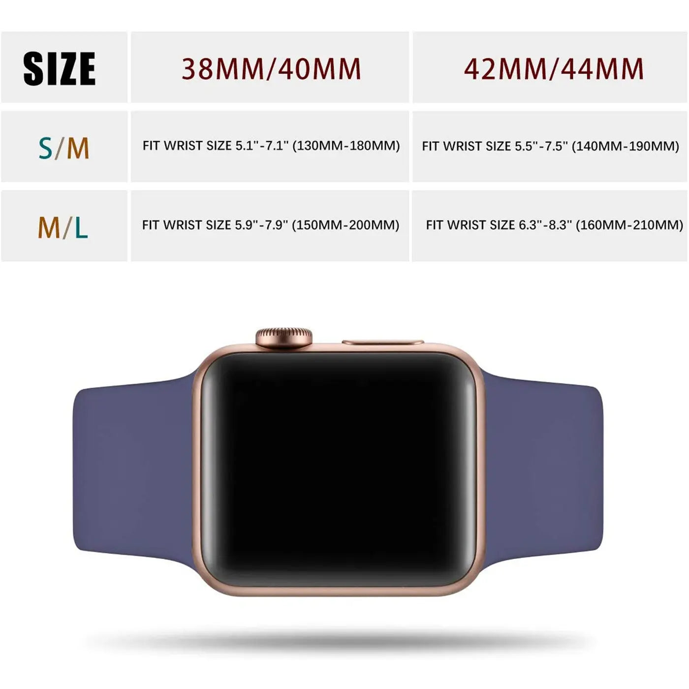 Lila TPU-Fitnessarmband an einer roségoldenen Apple Watch, von vorne. Oben: Größentabelle S/M und M/L.