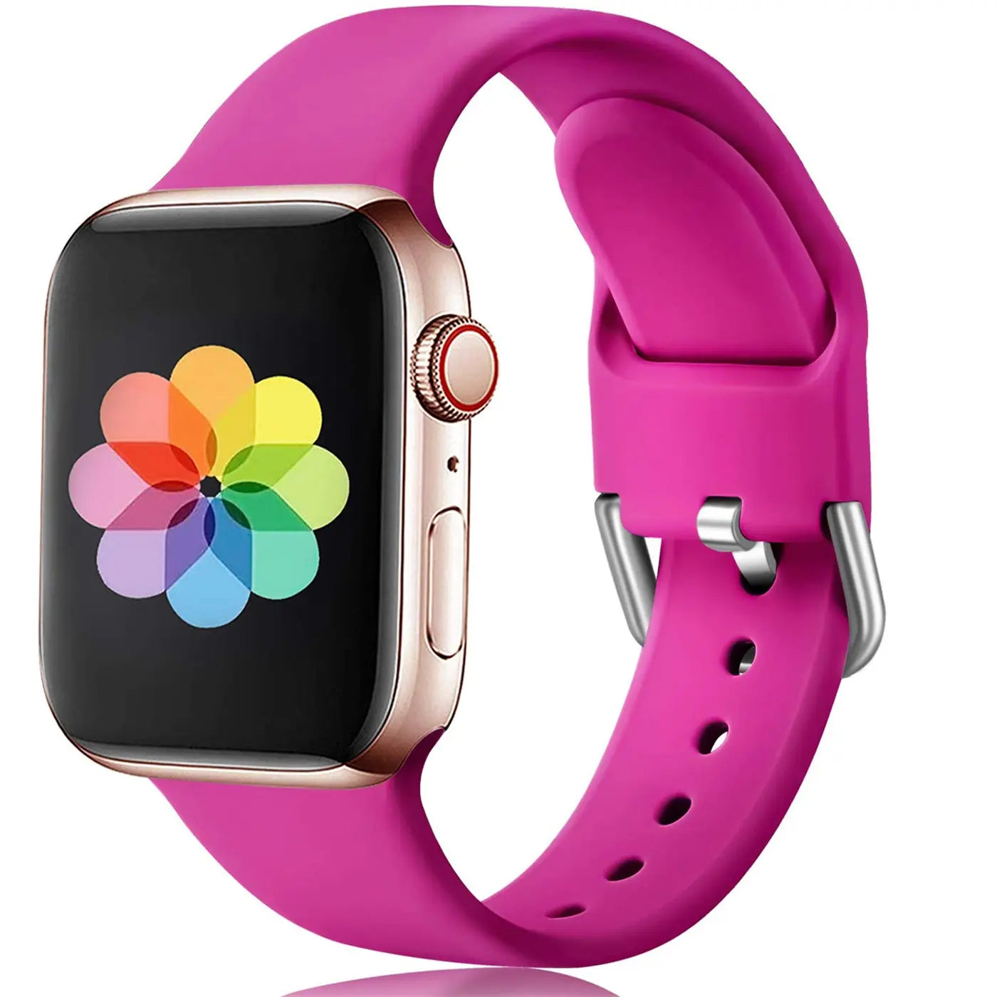 Apple Watch mit rosafarbenem TPU-Armband, silberner Dornschließe und farbigem Blumen-Logo auf dem Display.