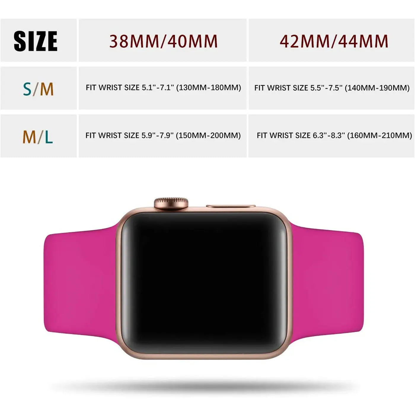 Pinkes TPU-Fitnessarmband an einer roségoldenen Apple Watch, von vorne. Oben ist eine Größentabelle.