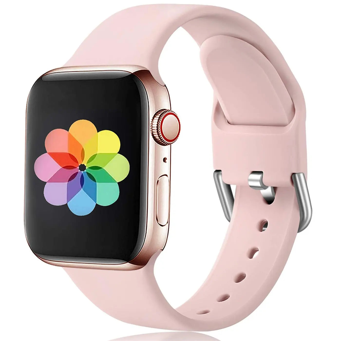 Apple Watch mit rosafarbenem TPU-Fitnessarmband und silberner Dornschließe, leicht schräg von oben.