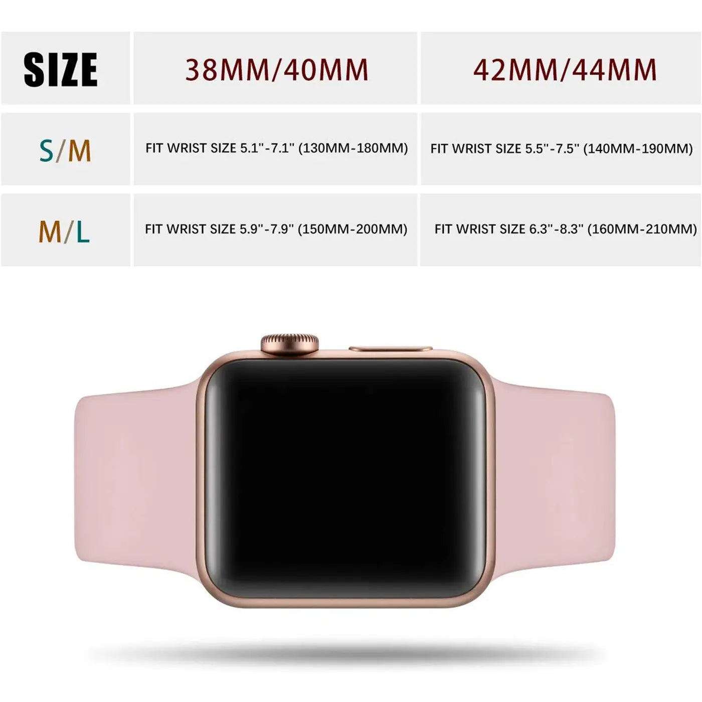 Apple Watch mit roségoldenem Gehäuse und rosa TPU-Armband, frontal auf weißem Hintergrund mit Größentabelle.