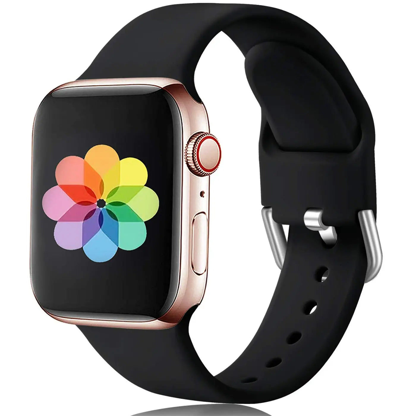 Apple Watch mit roségoldenem Gehäuse und schwarzem TPU-Armband mit silberner Schnalle, leicht von oben.