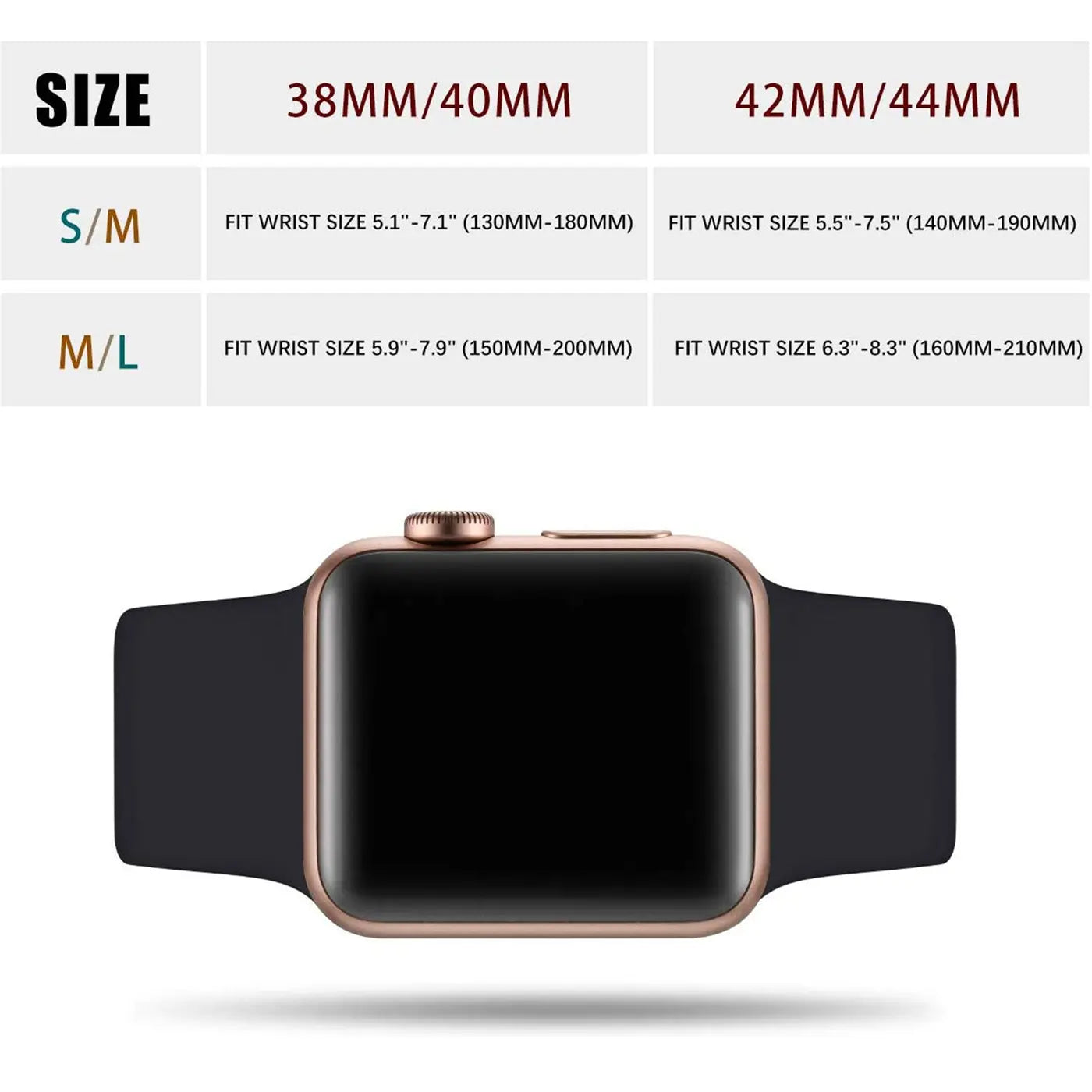 Apple Watch mit roségoldenem Gehäuse und schwarzem TPU-Armband, frontal auf weißem Hintergrund mit Größentabelle.