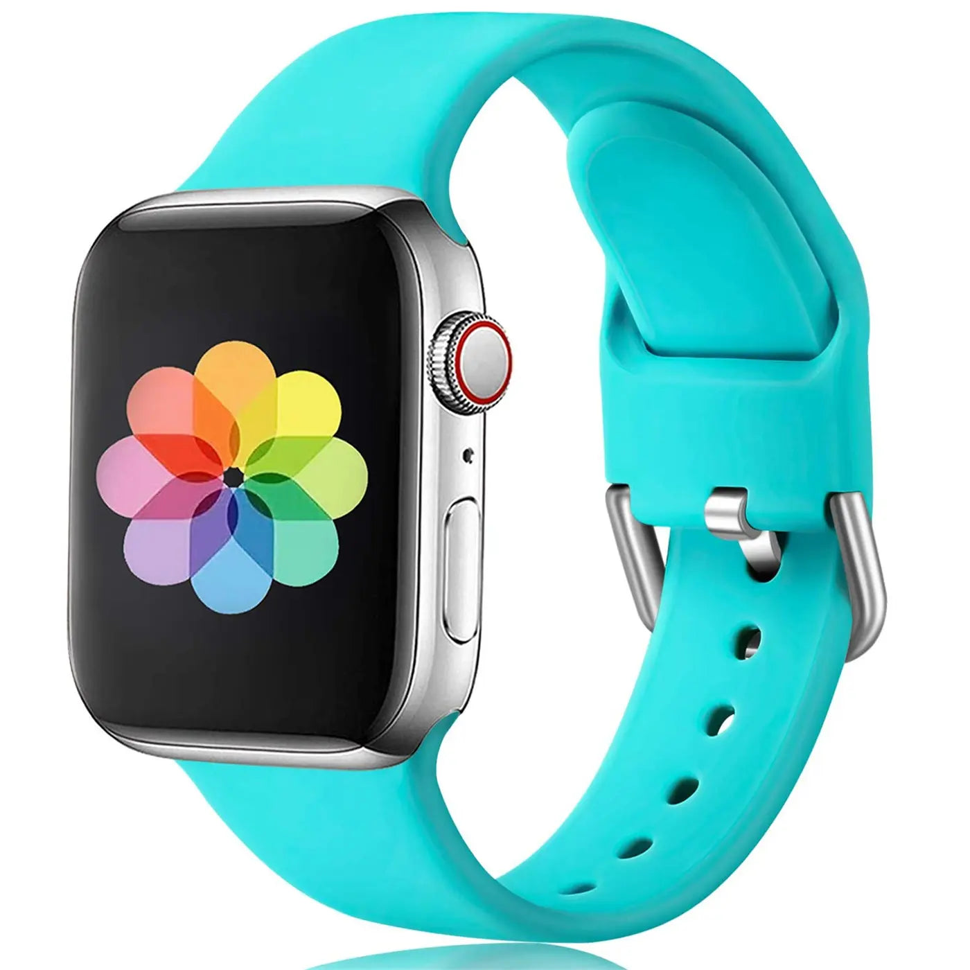 Türkises TPU-Fitnessarmband mit silberner Schnalle, an einer Apple Watch mit buntem Blumen-Icon, schräg von oben.