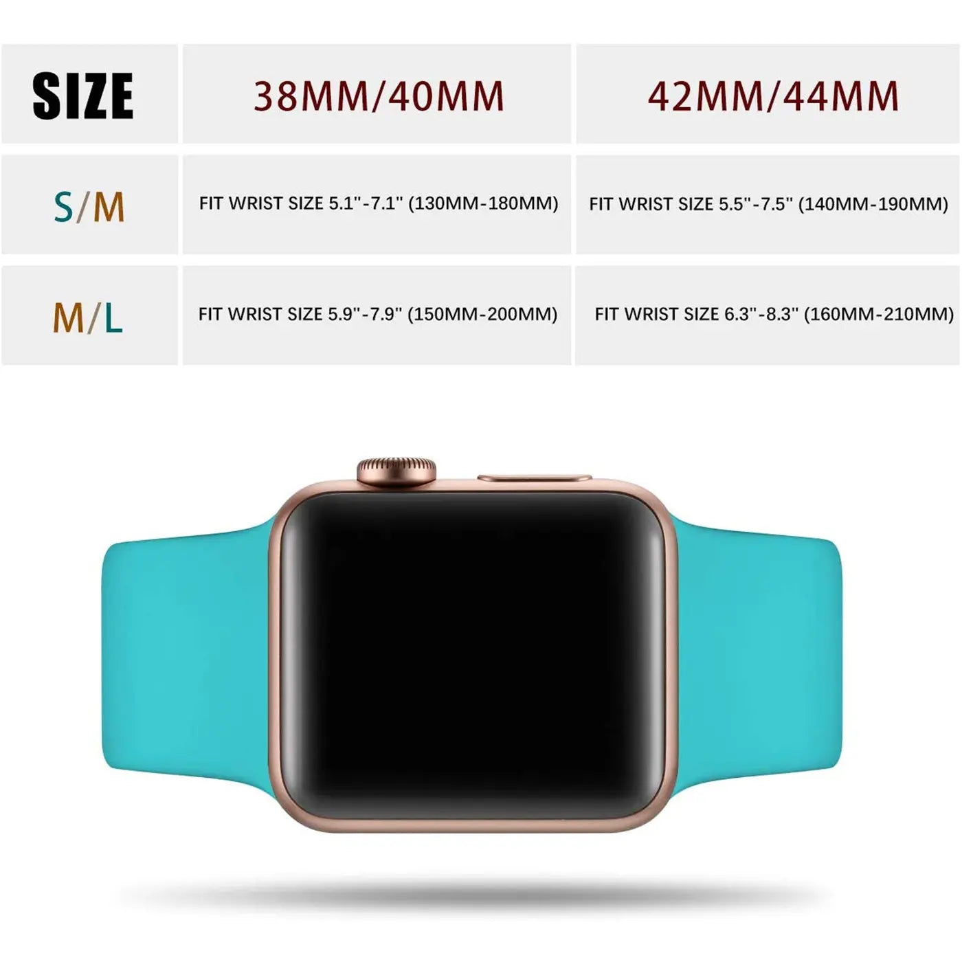 Türkises TPU-Armband an goldener Apple Watch, Draufsicht. Oben Größentabelle für 38/40mm und 42/44mm.