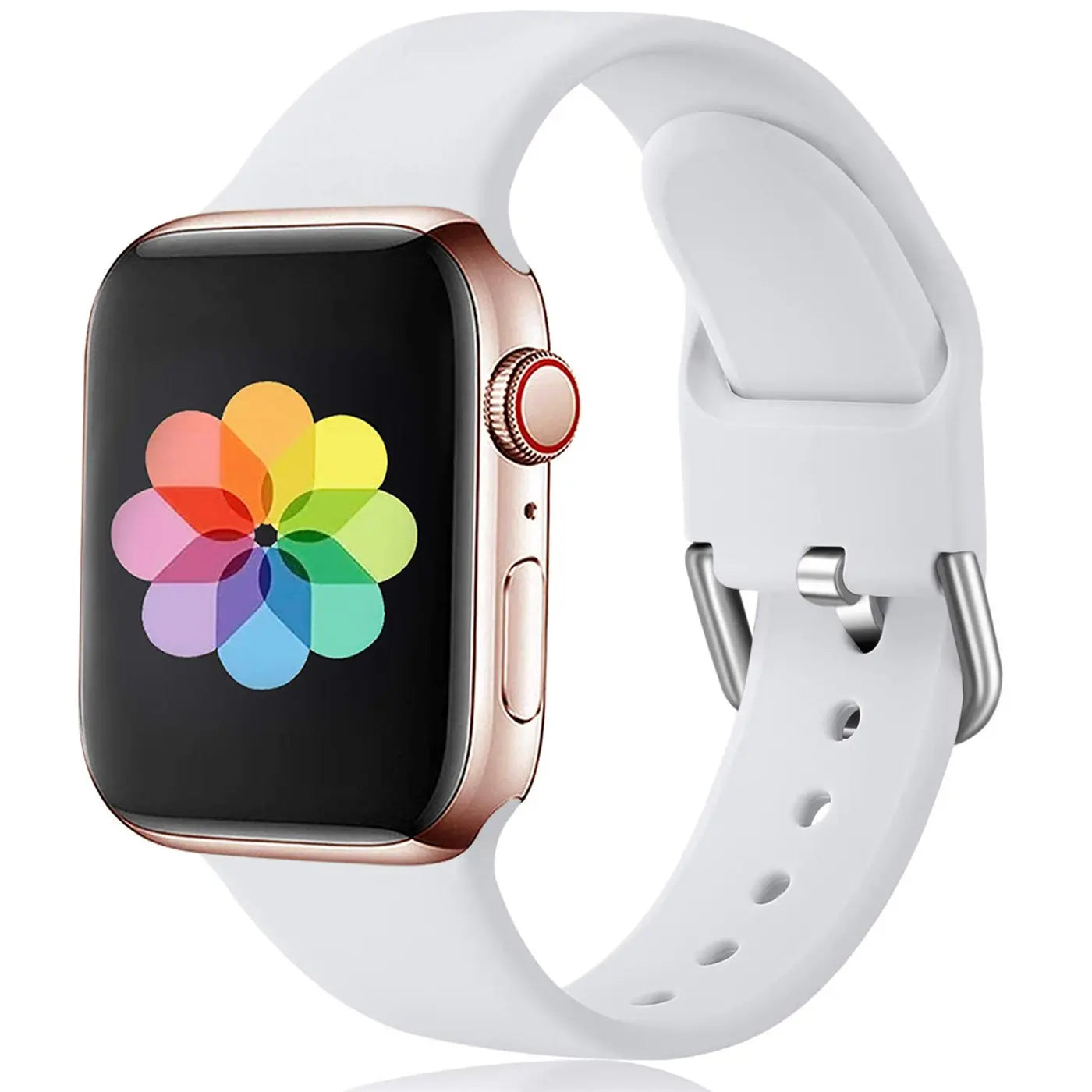Weiße Apple Watch mit roségoldenem Gehäuse und weißem TPU-Armband mit silberner Schnalle, leicht schräg von oben.