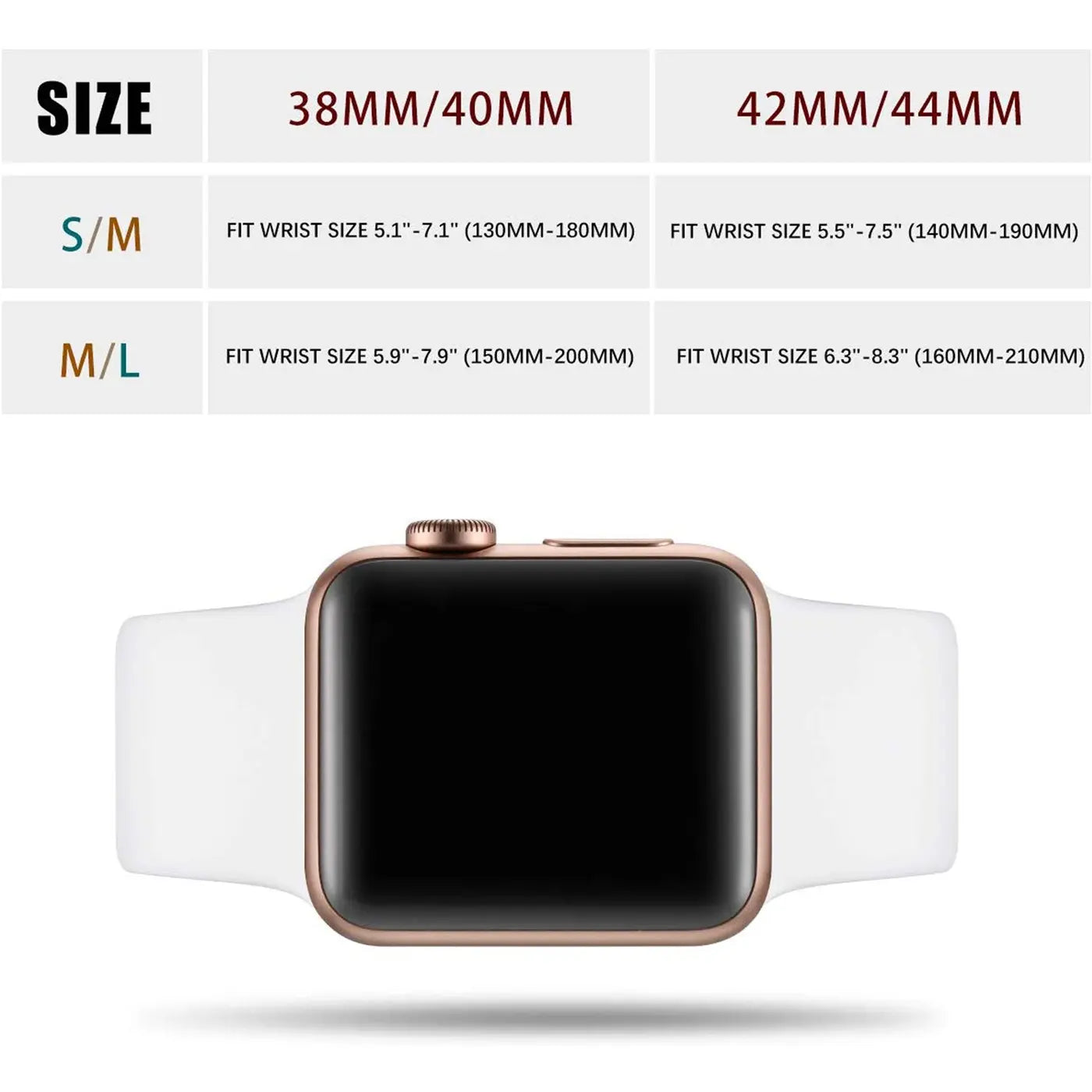 Größentabelle für Apple Watch Armbänder. Unten: Eine Apple Watch mit roségoldenem Gehäuse und weißem TPU-Armband.