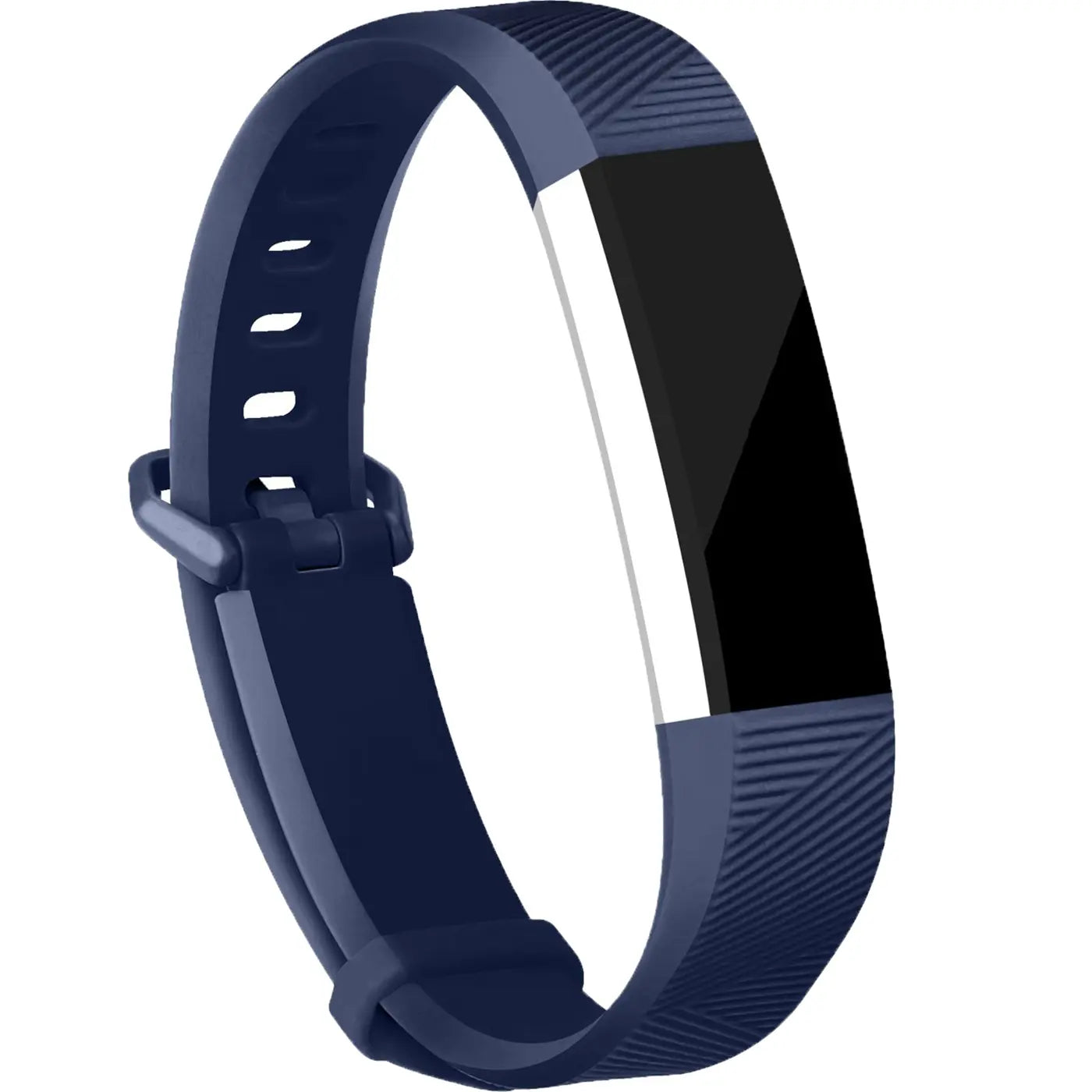 Dunkelblaues Silikon-Armband für Fitbit Alta/HR, mit geriffeltem Muster und schwarzem Display, schräg von oben.