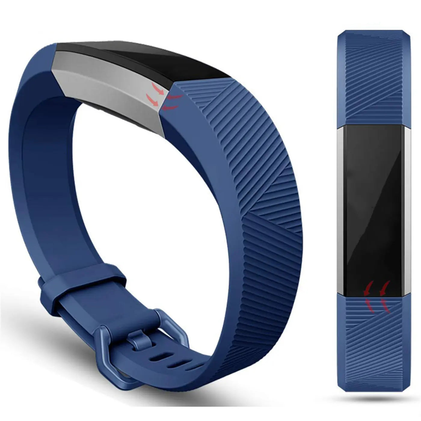 Blaues Silikonarmband für Fitbit Alta/HR, mit Schnalle und diagonalem Muster, daneben das Band von oben.